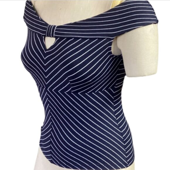 Leith Striped Tank Top Navy Blue & White Cutout Sz S #159J - Picture 4 of 8